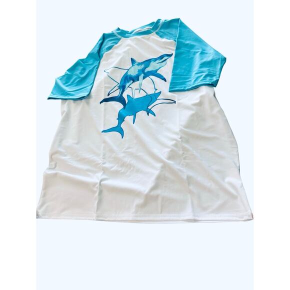 NWT Lands’ End Short Sleeve Rash Guard Swim‎ Crew Neck White Shark Blue Big Boy - Picture 1 of 2